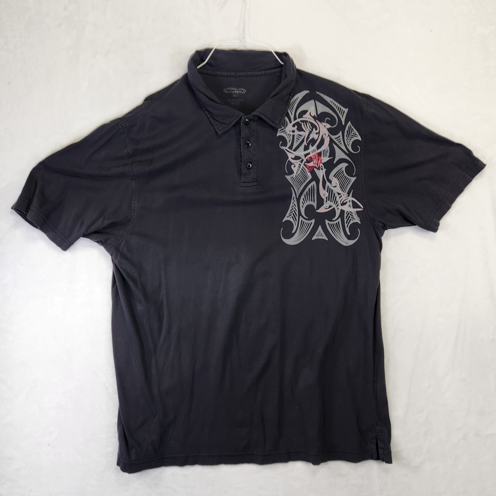 Crazy Shirt Mens XXL Black Pima Cotton Tribal Shark Graphic Polo Shirt